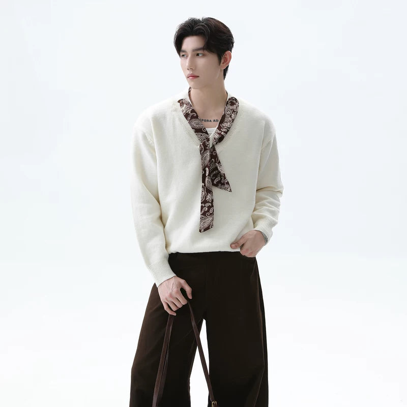 Silk Scarf V-Neck Knit Sweater