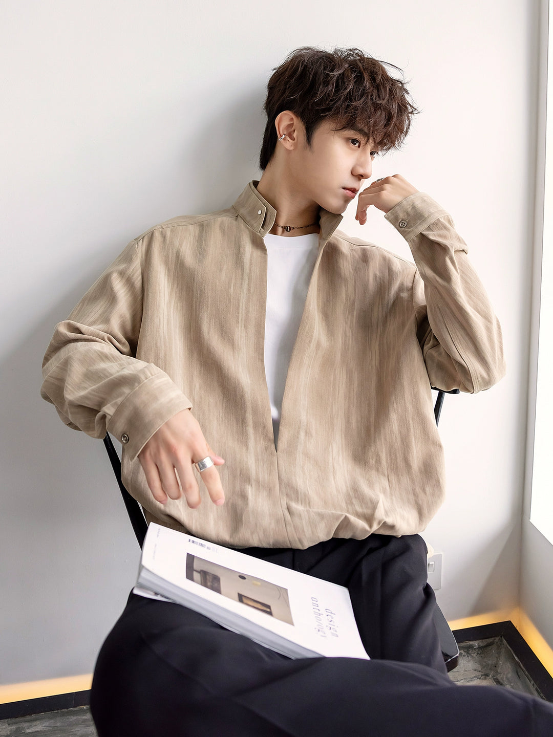 Stand Collar Brushed Denim Long Sleeve Shirt