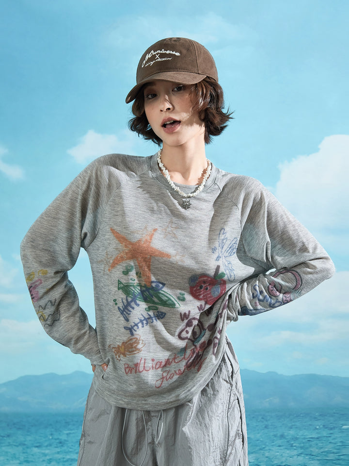 Retro Graffiti Chiffon Langarm-Turtleneck 