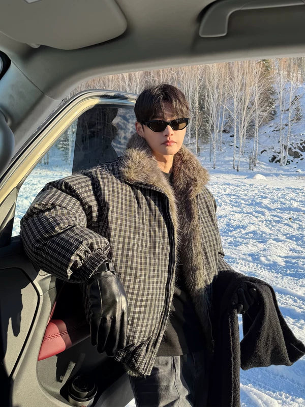 Houndstooth Fur Collar Puffer Jacket