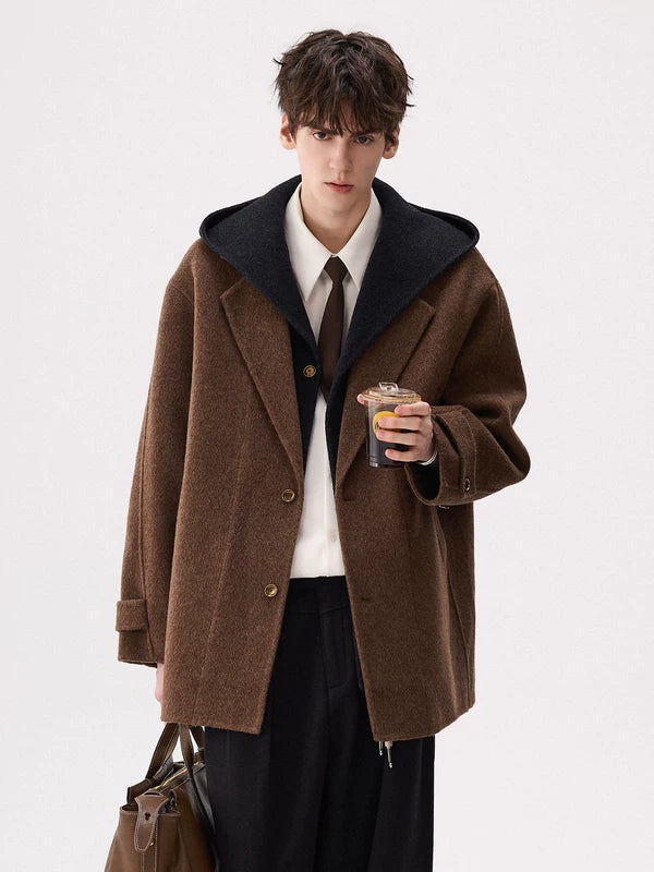 Двустороннее шершавая пальто с капюшоном средней длины 