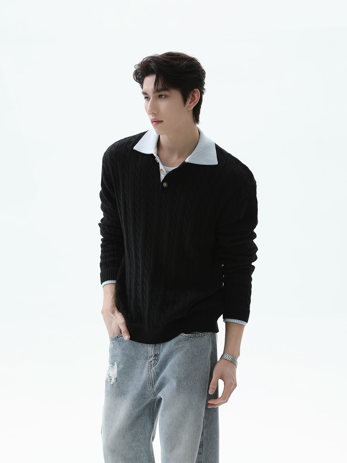 Kablo Örgü Polo Kazak İki Parça Set 