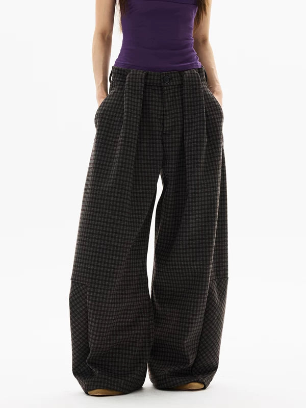 와이드 레그 체크 주름 바지 