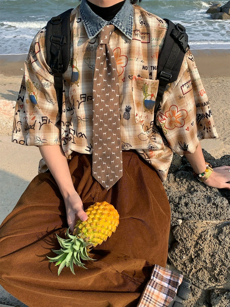 Plaid Graffiti Print Short Sleeve Shirt