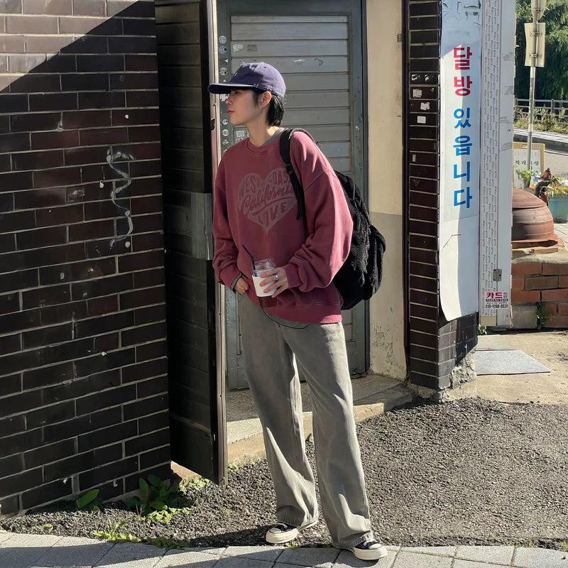 레트로 하트 프린트 크루 넥 스웨트셔츠 