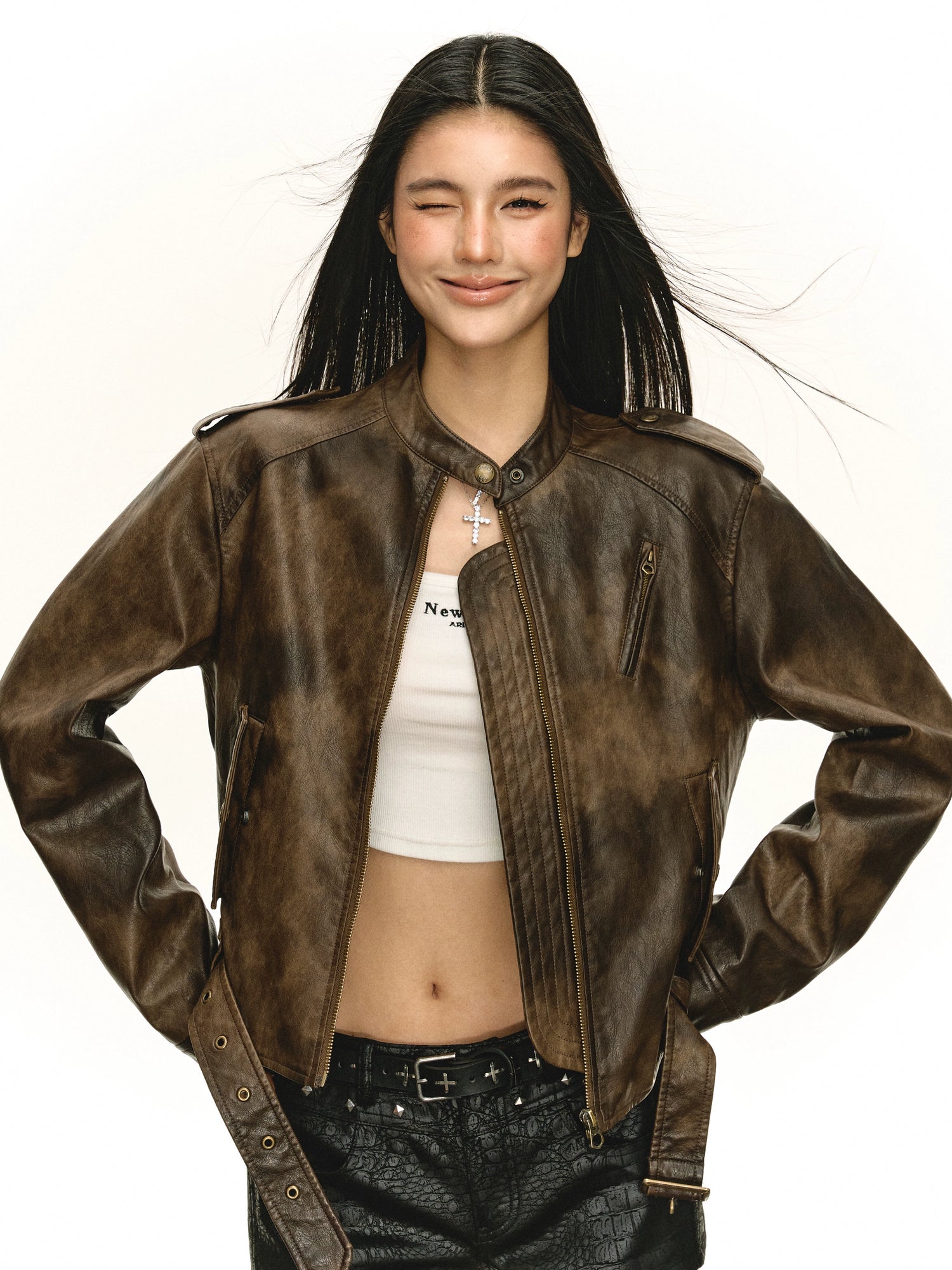 Faux-Leder Kurze Bomberjacke 