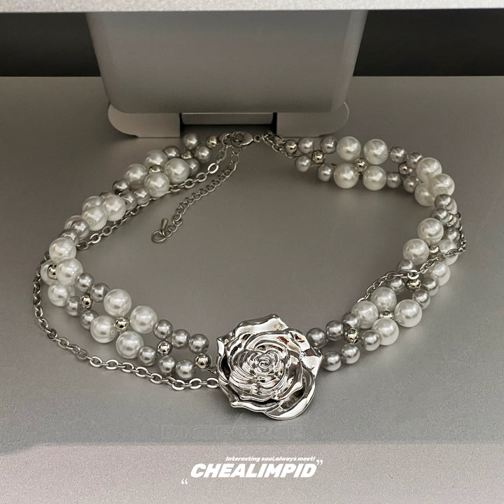 Stacked Pearl Rose Choker