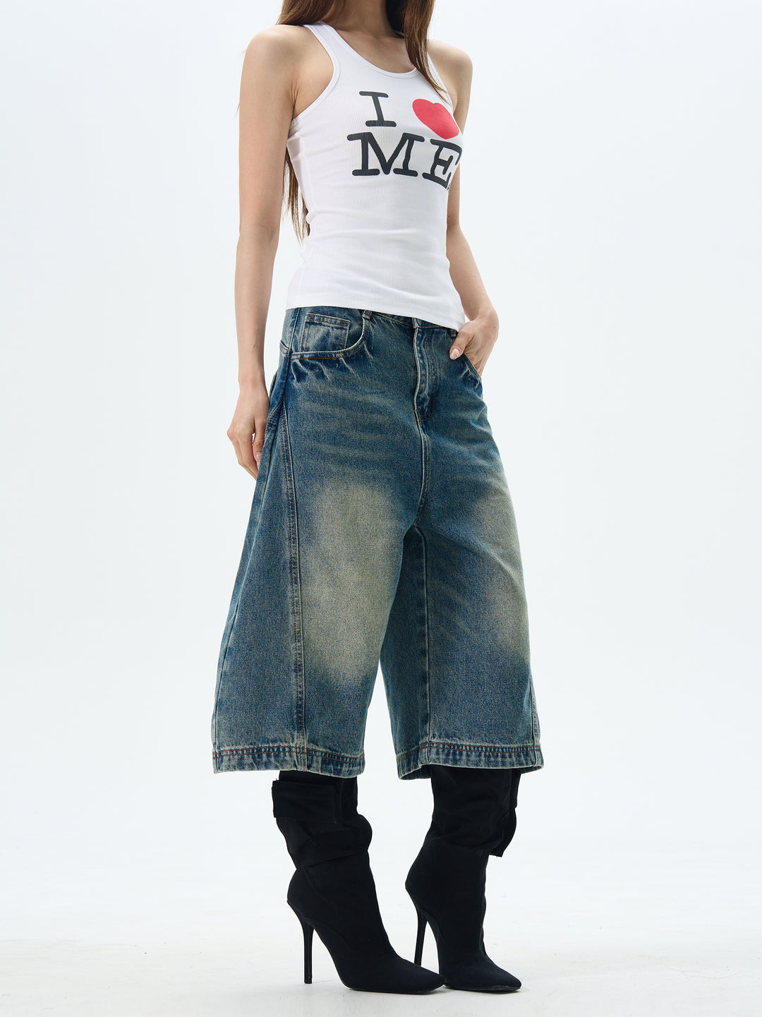 Cropped Denim Wide-Leg Pants