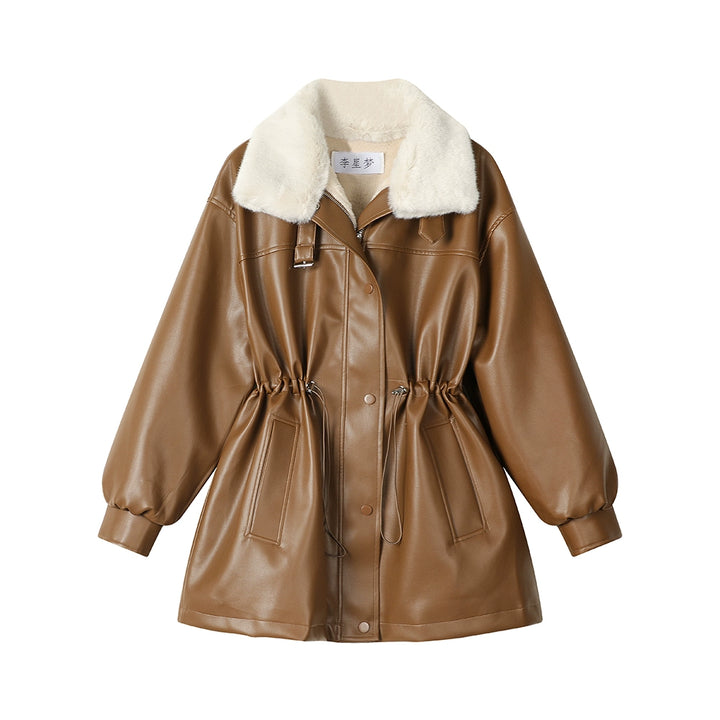 Faux Fur Collar Faux Leather Coat