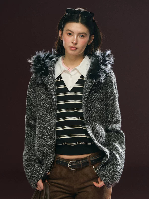 Chaqueta de algodón con capucha y cuello de piel desmontable 