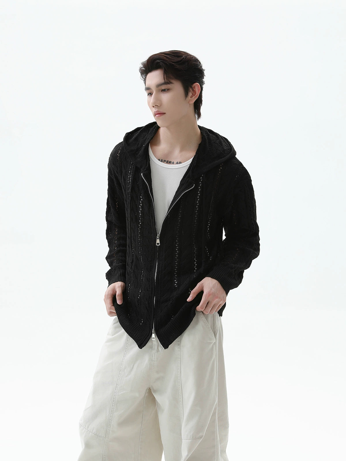 Hooded Hollow Knit Zip Cardigan