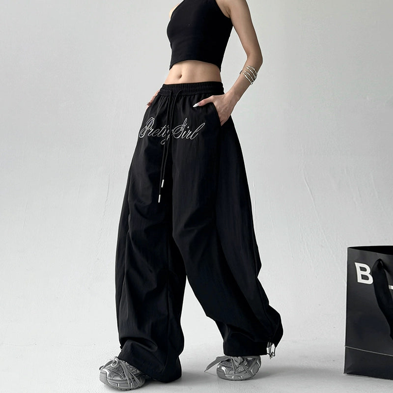 Letter Embroidery Pleated Wide Leg Pants