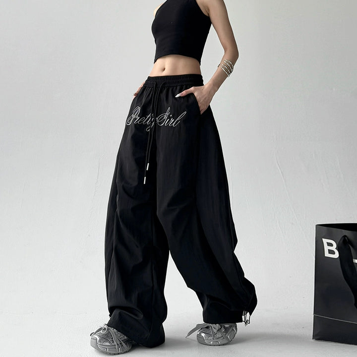Letter Embroidery Pleated Wide Leg Pants