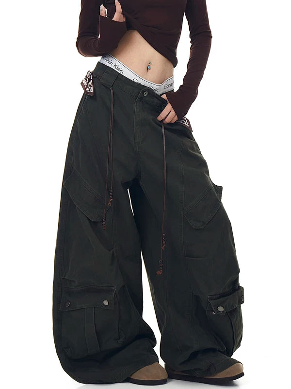 Geniş Paça Çok Cepli Kargo Bağcıklı Pantolon 