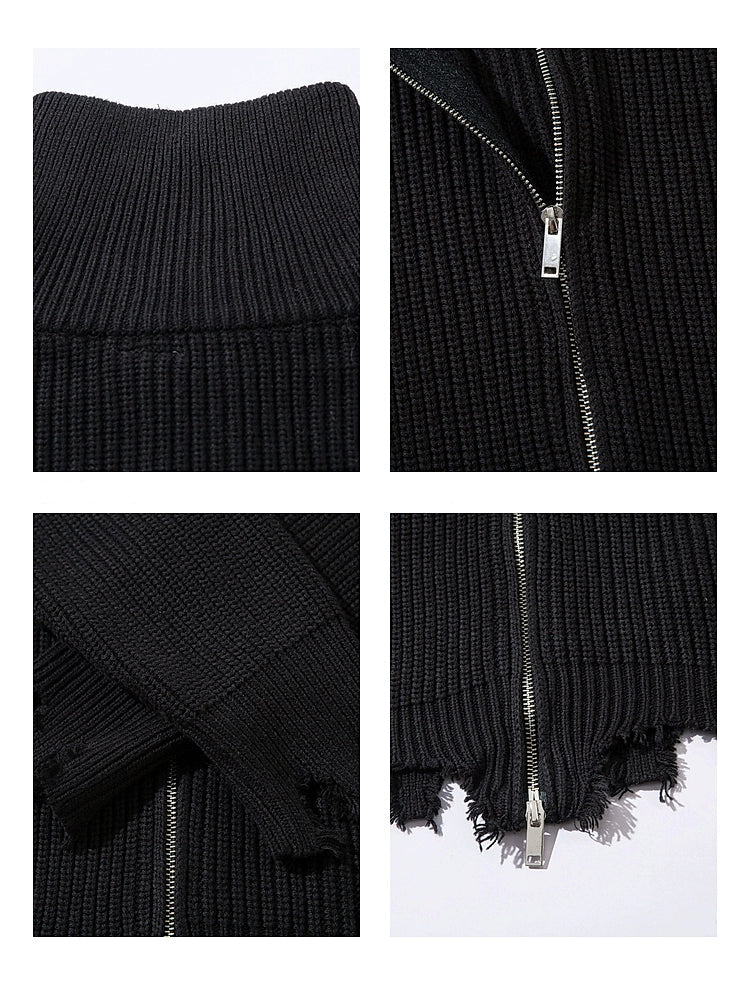 Turtleneck Destroyed Zip-Up Knit Sweater
