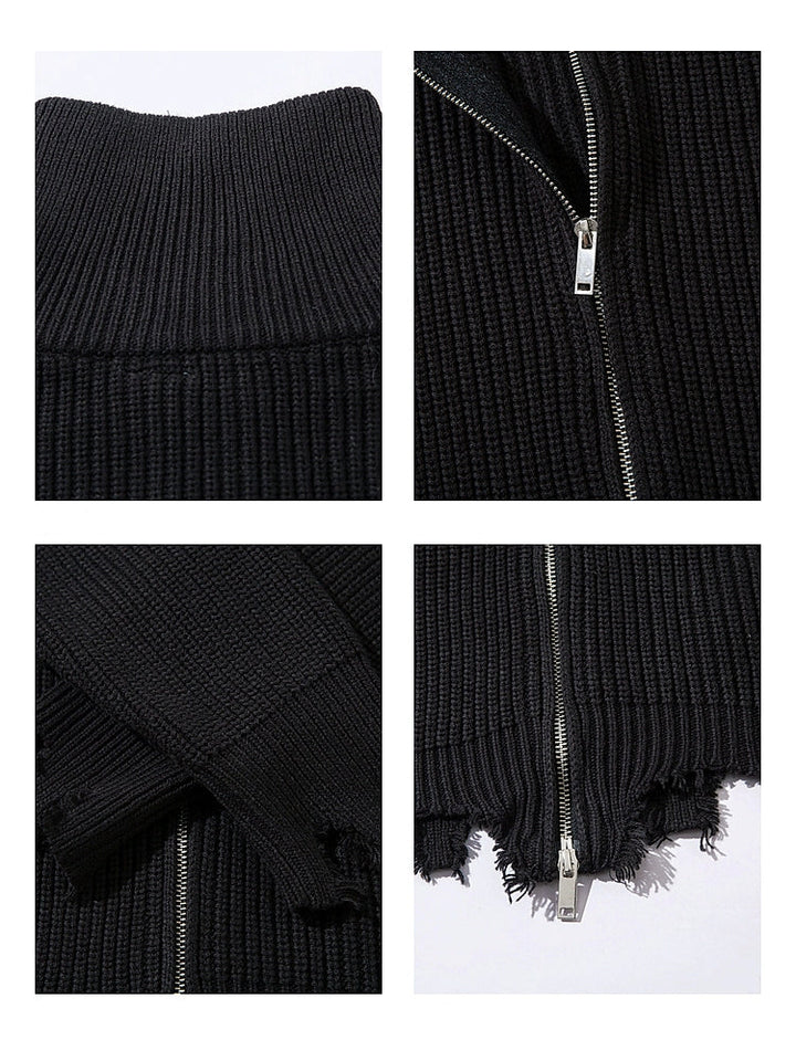 Turtleneck Destroyed Zip-Up Knit Sweater