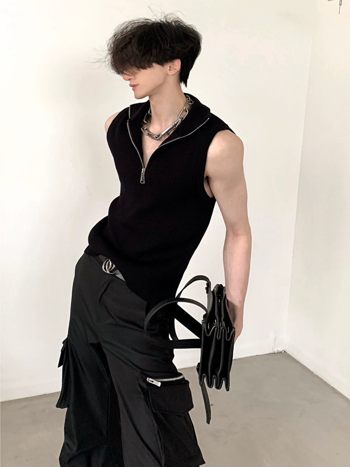 Knitted Slim Fit Zip Stand Collar Vest