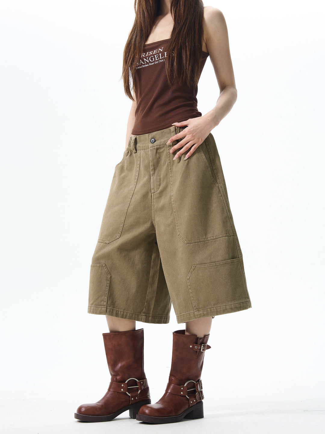 Pantalones de trabajo recortados con cintura elástica retro 