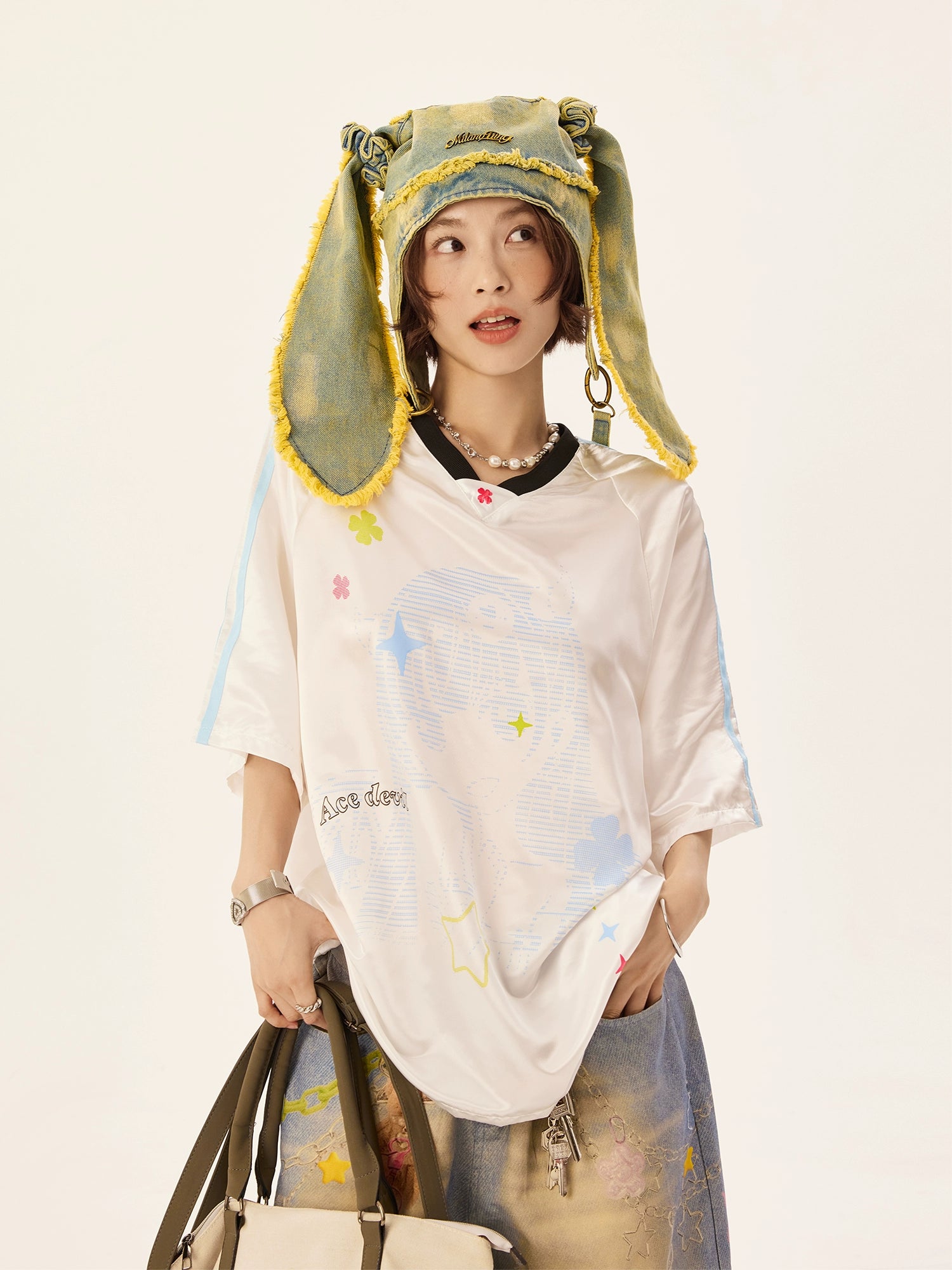 Retro Cartoon Grafik V-Ausschnitt Jersey-Oberteil 