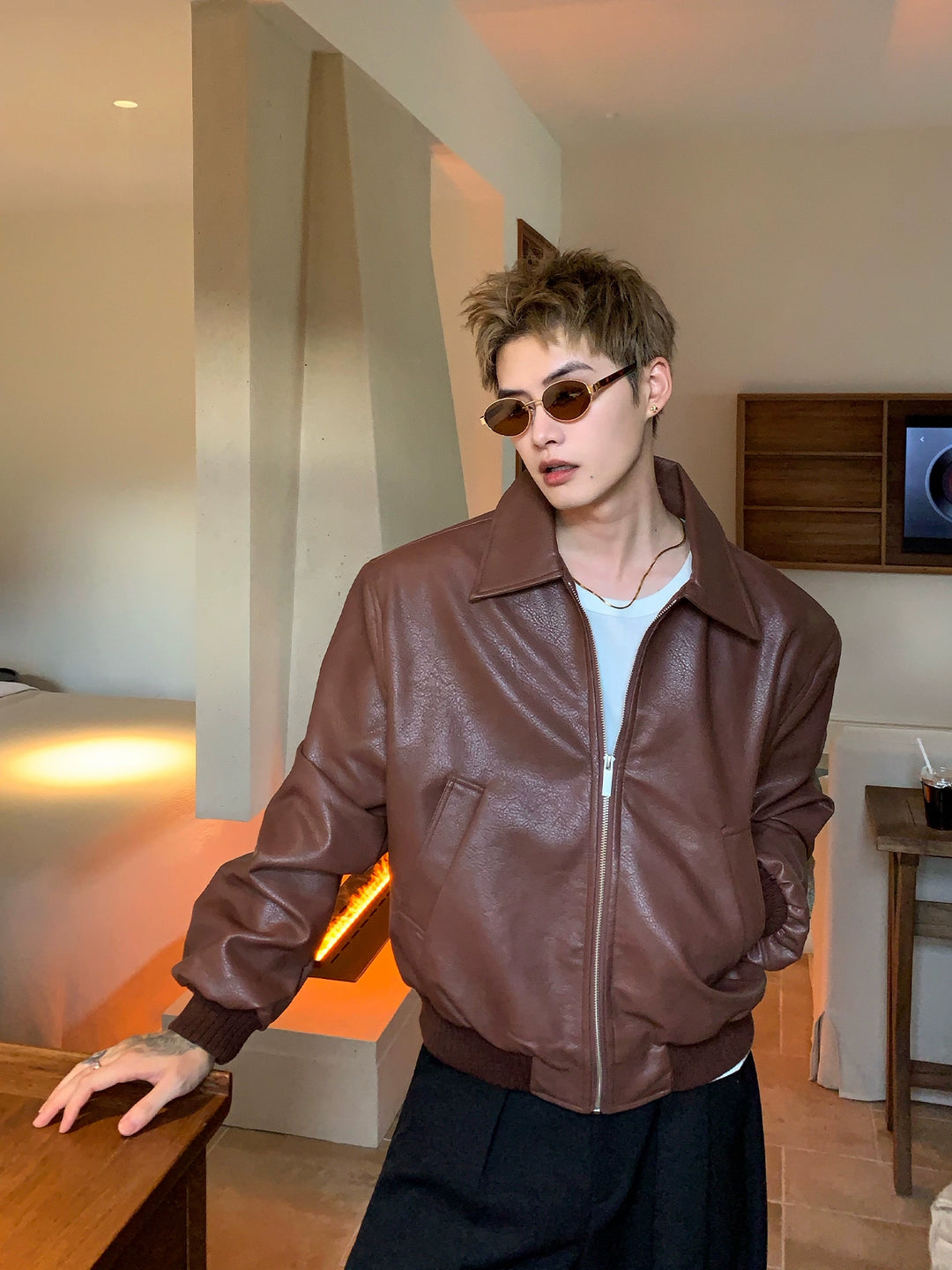 Retro Lychee Pattern Leather Jacket