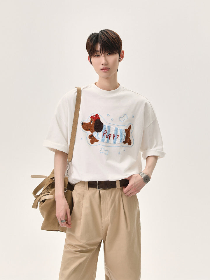 Cartoon Puppy Embroidered Short Sleeve T-shirt