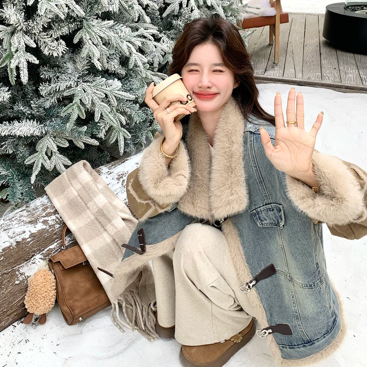 جاكيت مزين بقطع من الدنيم مبطن بالفرو الصناعي 