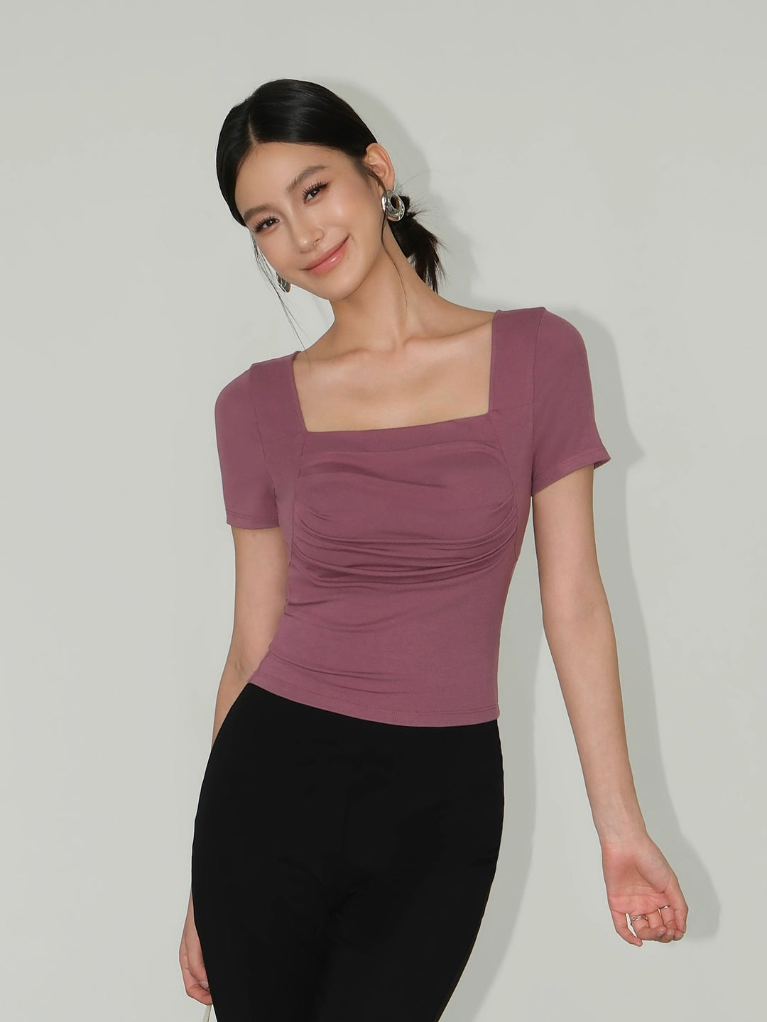 Square Neck Pleated Slim Fit T-shirt
