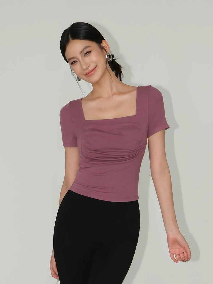 Square Neck Pleated Slim Fit T-shirt