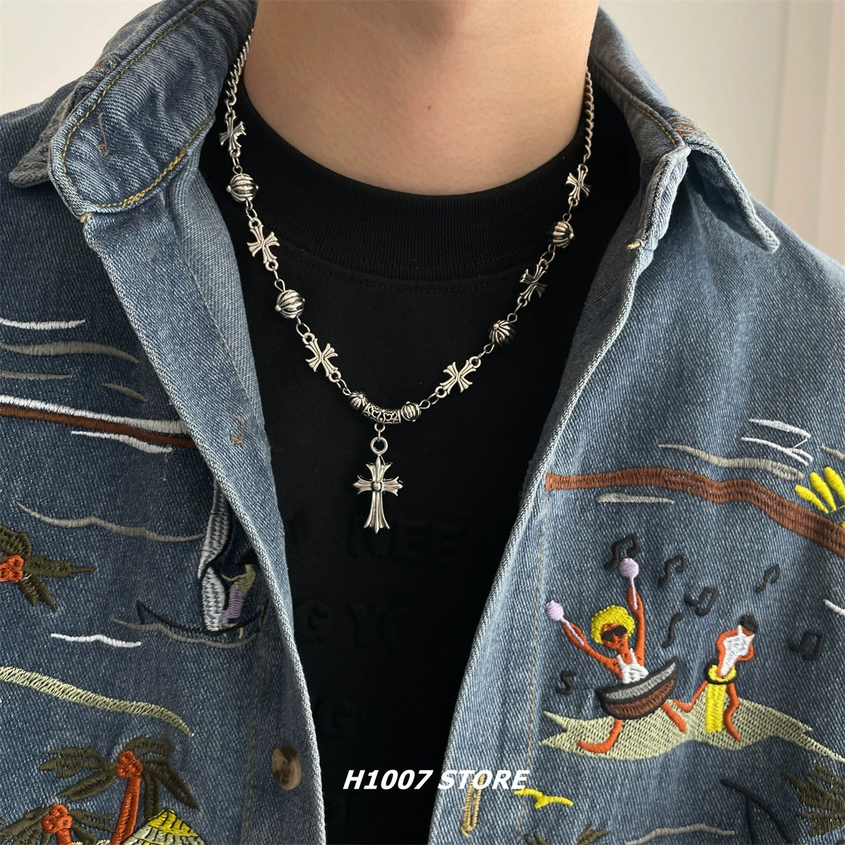 Cross Pendant Hip-Hop Flower Chain Necklace