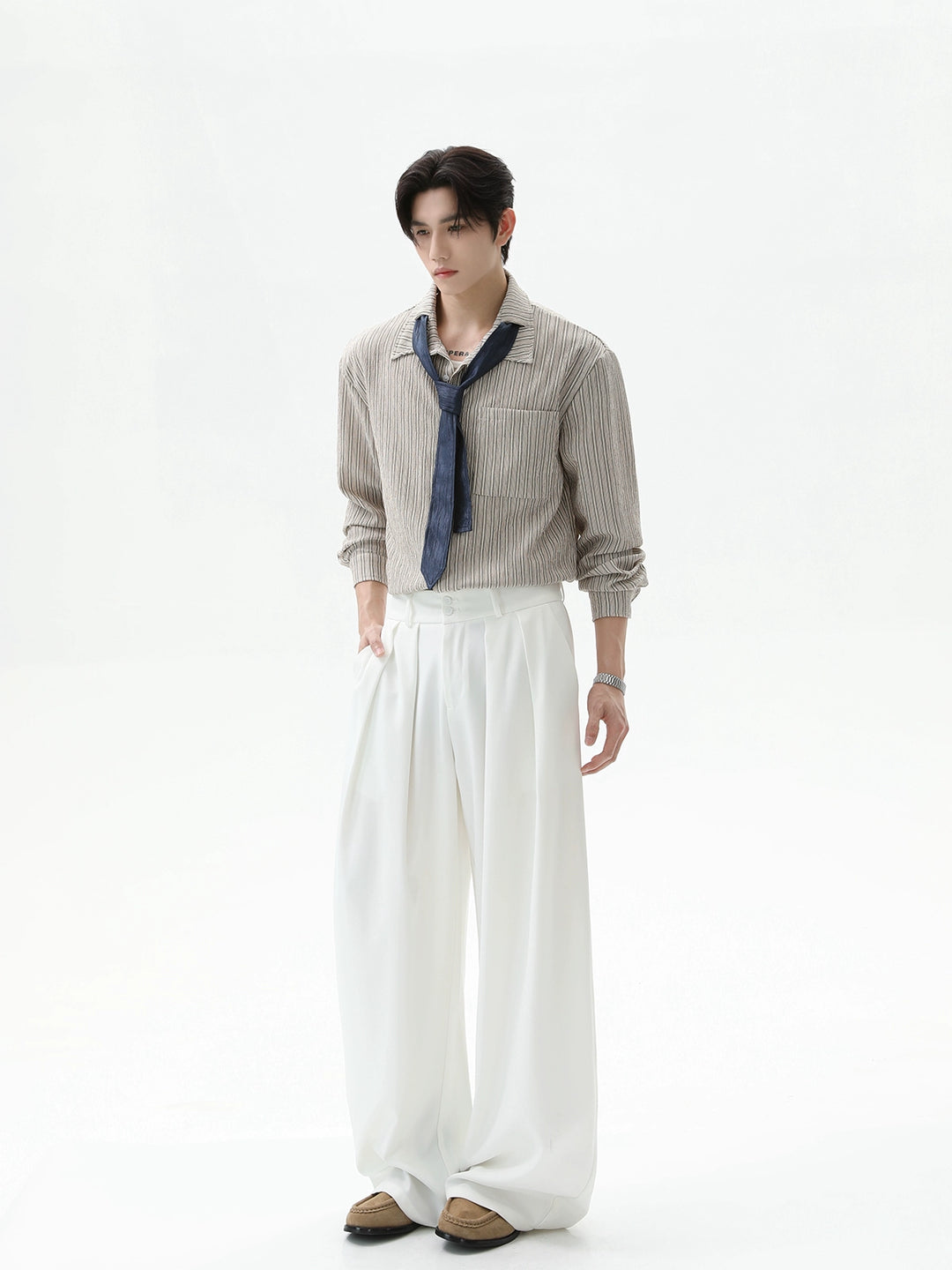 Pleated Striped Long Sleeve Shirt with Tie