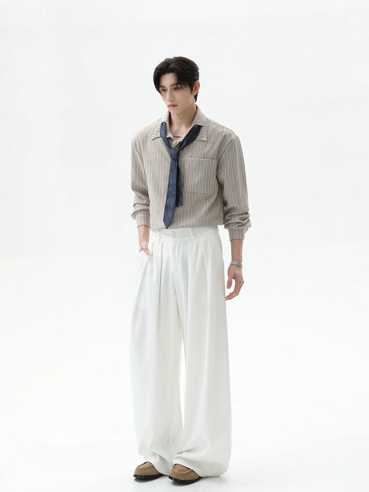 Pleated Striped Long Sleeve Shirt with Tie