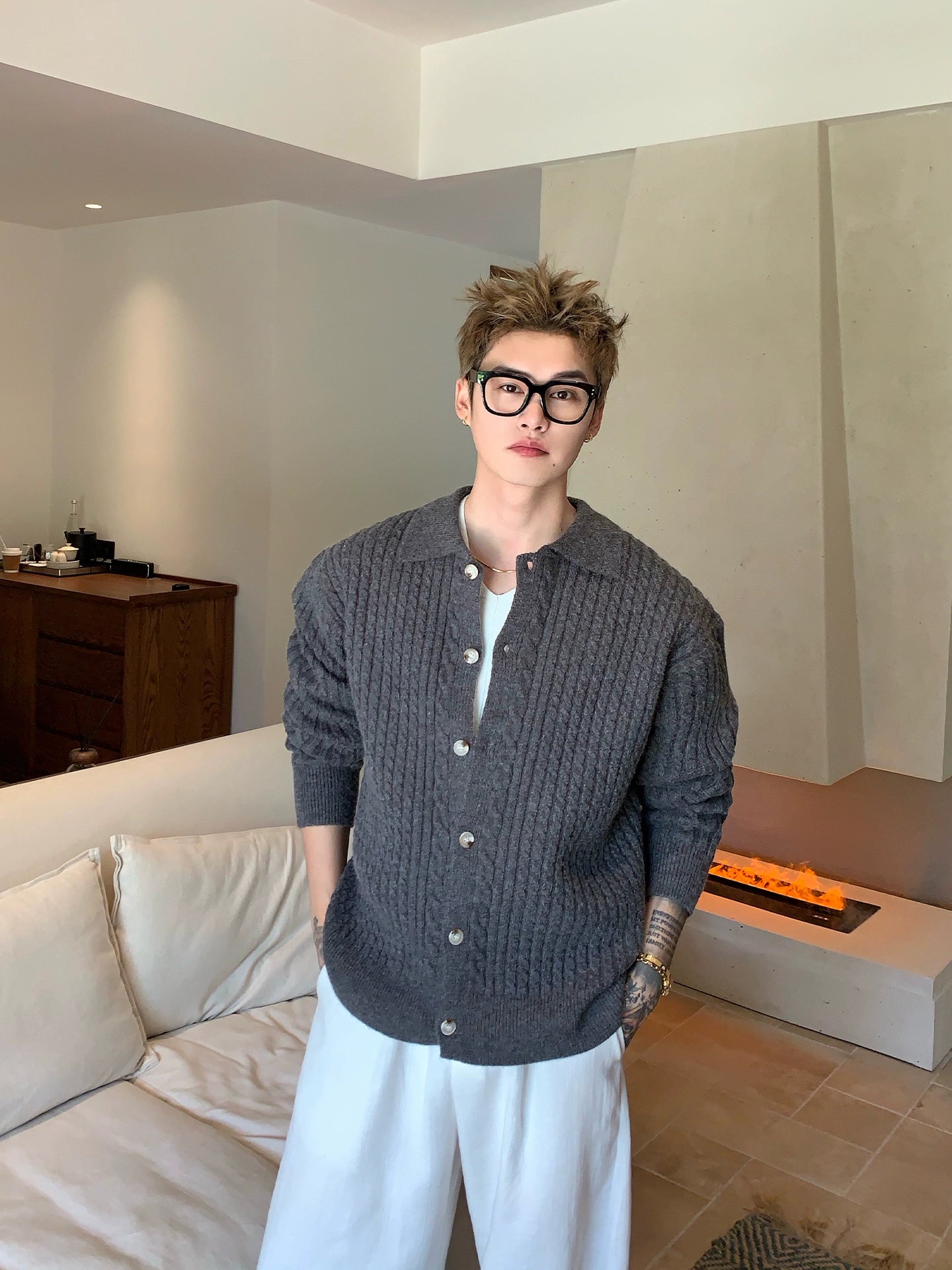 Dönme Örgü Düğmeli Hırka Kazak Ceket 