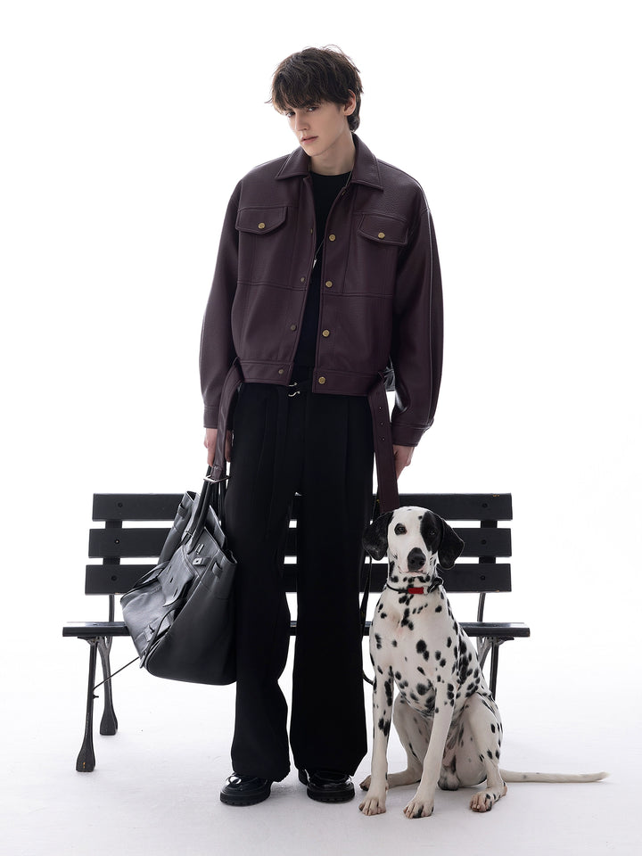 Lapel Belted Leather Jacket