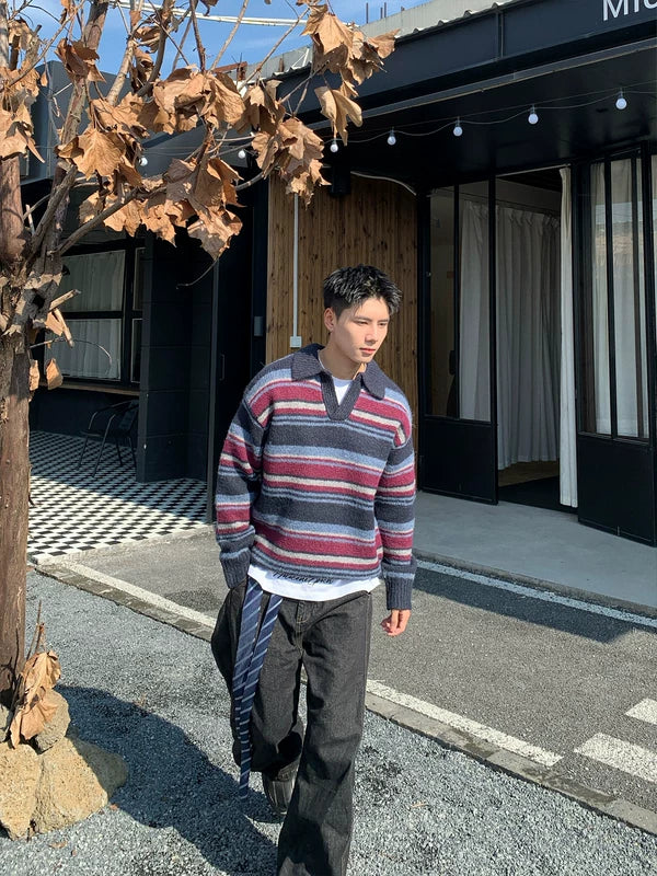 Pull en maille à col polo rayé 