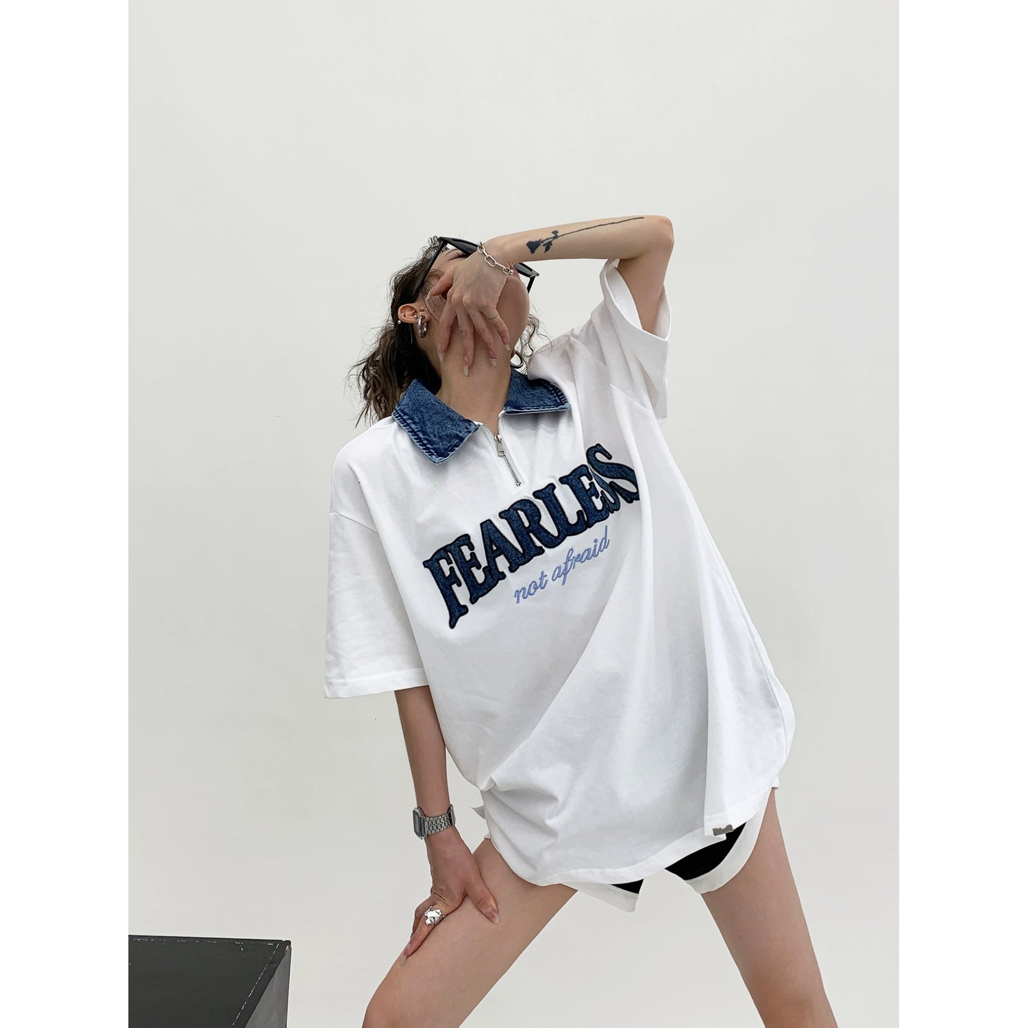 Embroidered Polo Collar Loose T-Shirt