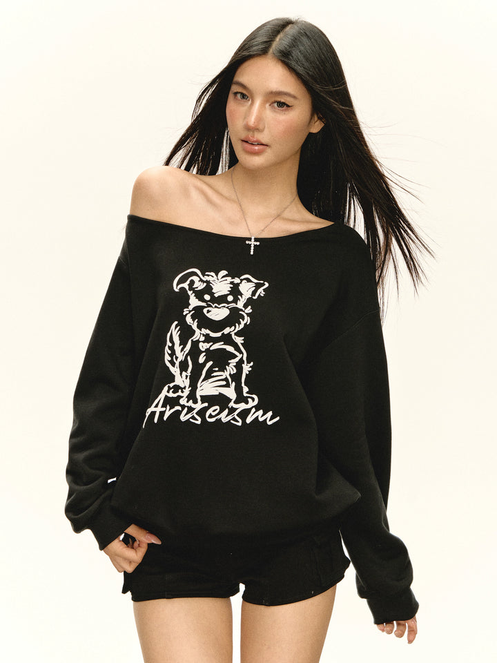 Off Shoulder Dog Graphic Hoodie