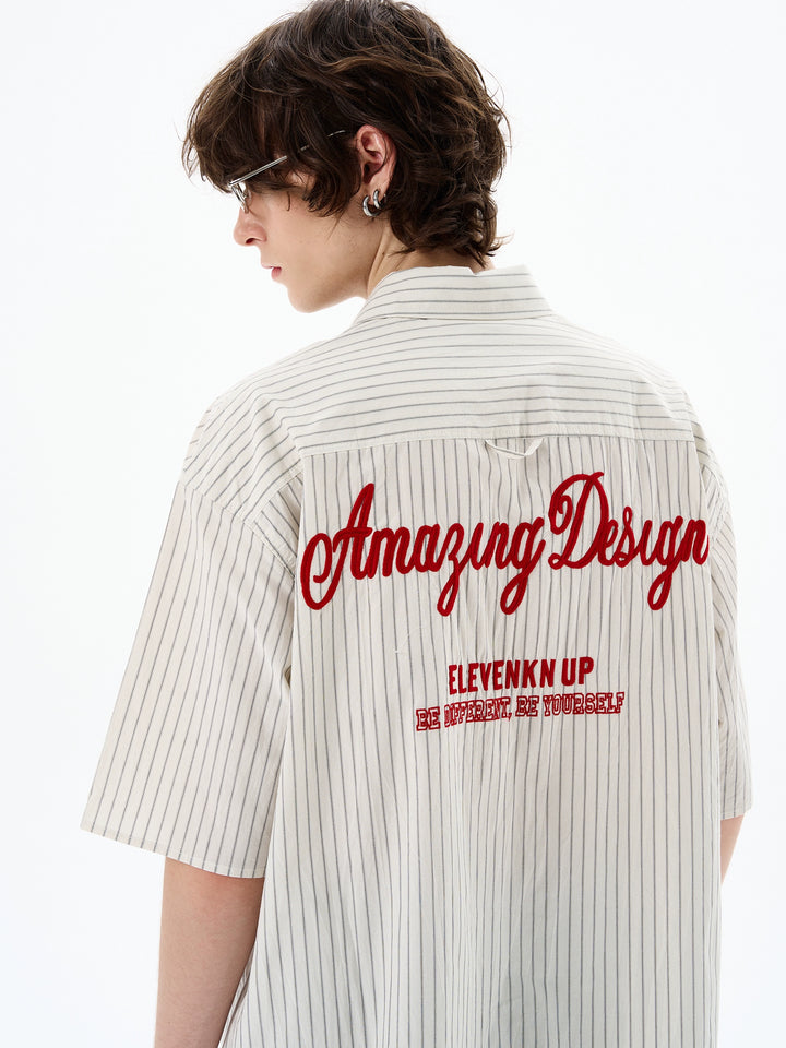 Striped Short Sleeve Embroidered Shirt