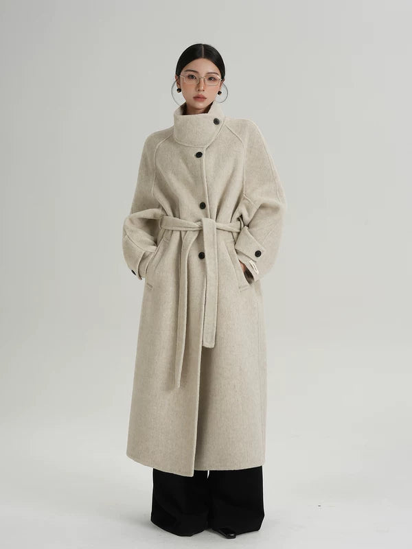 Stand Collar Belted Wool Overcoat