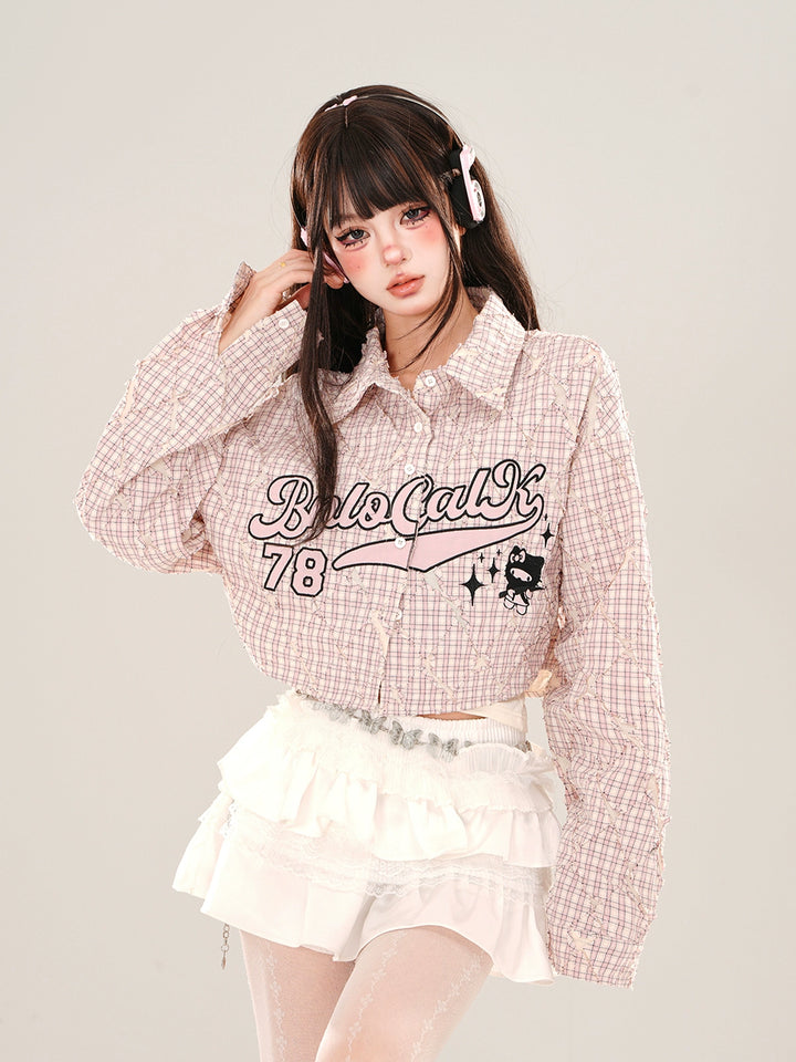 Plaid Cropped Embroidered Button-Up Shirt