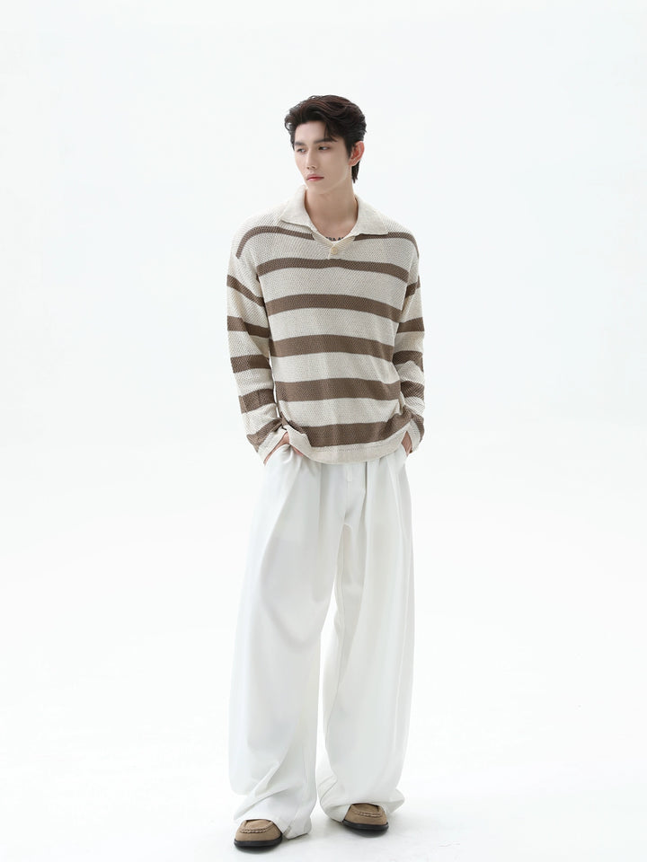Lapel Striped Knit Polo Shirt