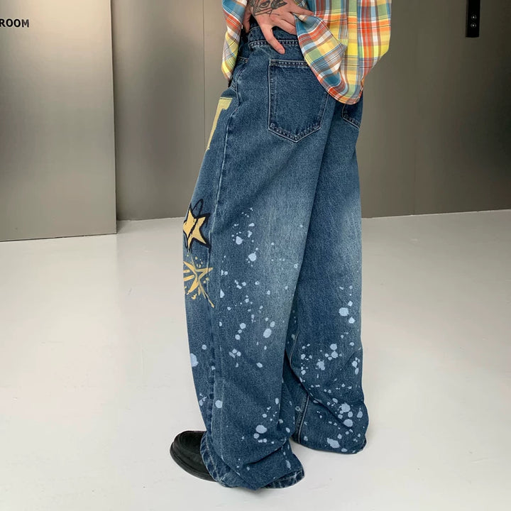 Handgeschilderde Ster Graffiti Rechtaf Jeans 
