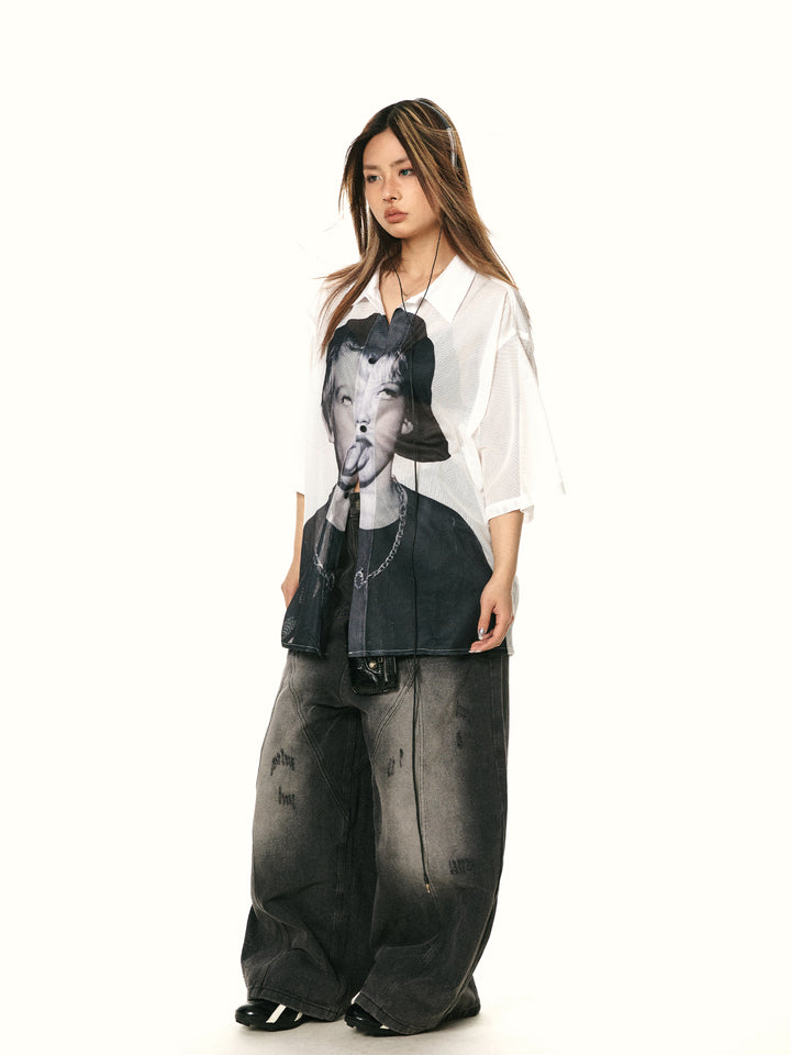 Mesh Character Print Loose Shirt