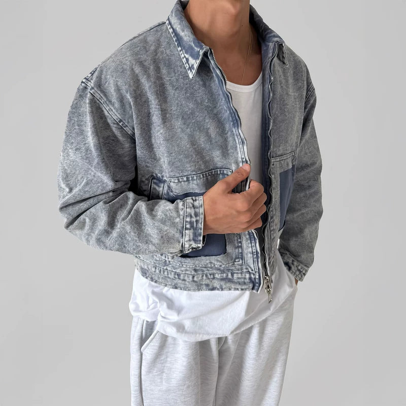 Veste en denim délavé usé avec revers 