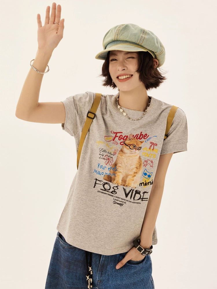 Retro Katze Grafik Boxy Kurzarm T-Shirt 