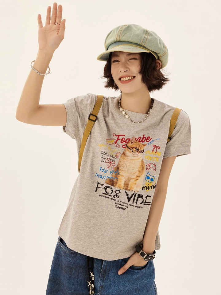 Retro Cat Graphic Boxy Short Sleeve T-shirt