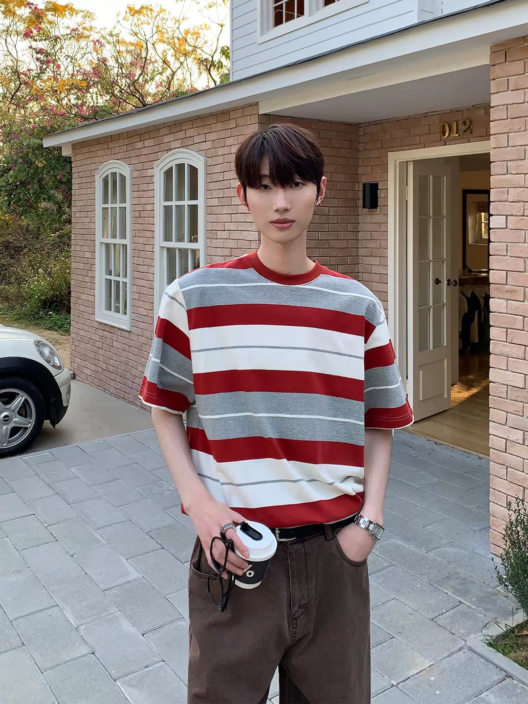 줄무늬 라운드 넥 캐주얼 풀오버 