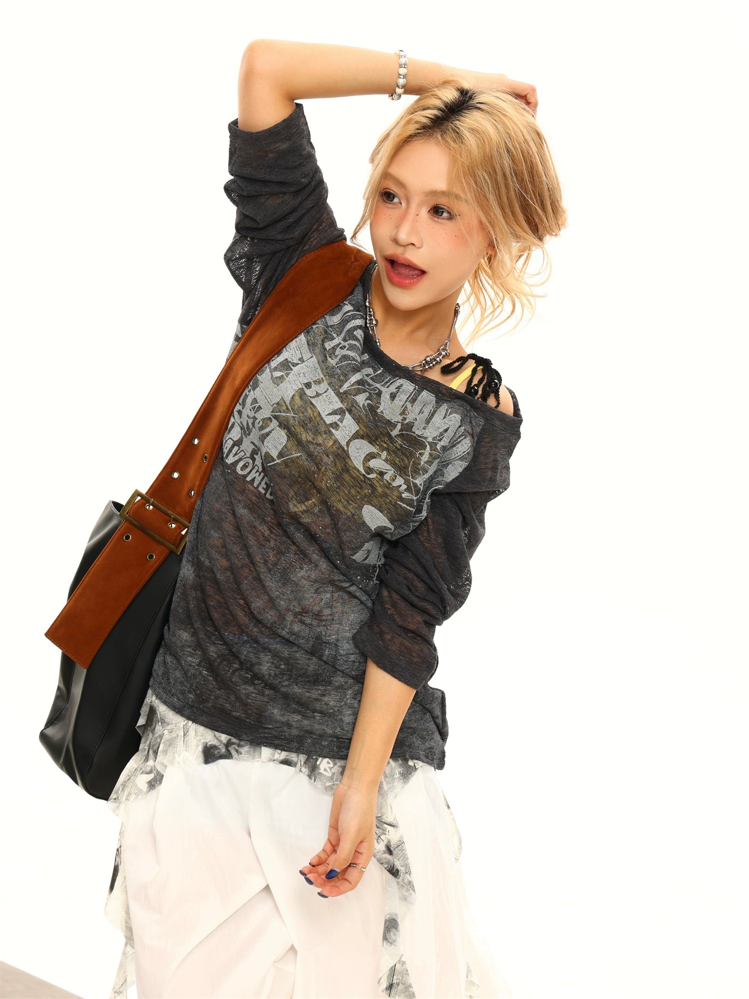 Durchsichtiger Grafikdruck Langarm-Turtleneck 