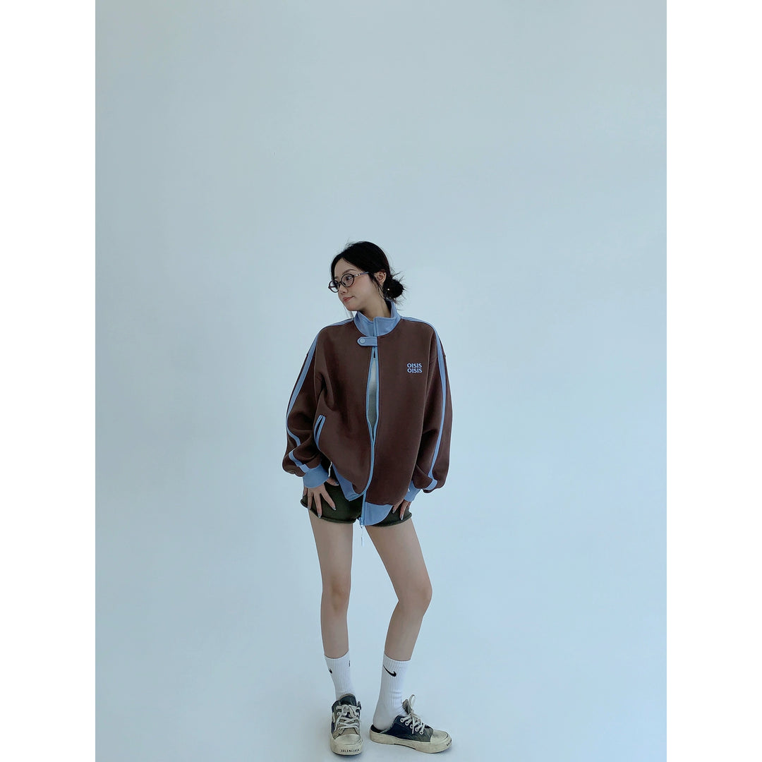 Contrast Stitch Stand Collar Zip Jacket