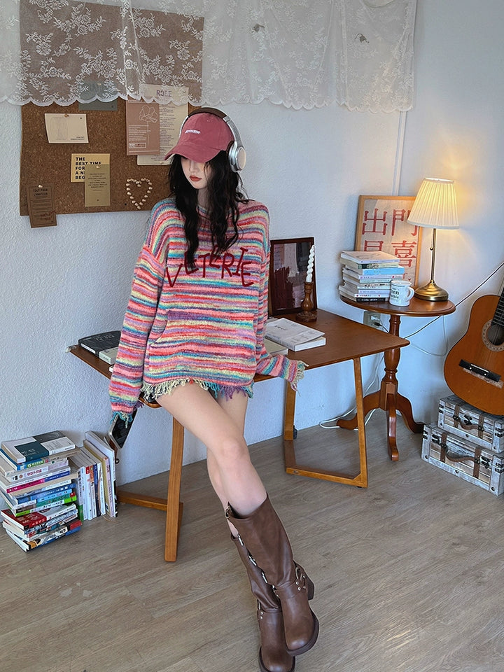 Rainbow Striped Loose Knit Sweater