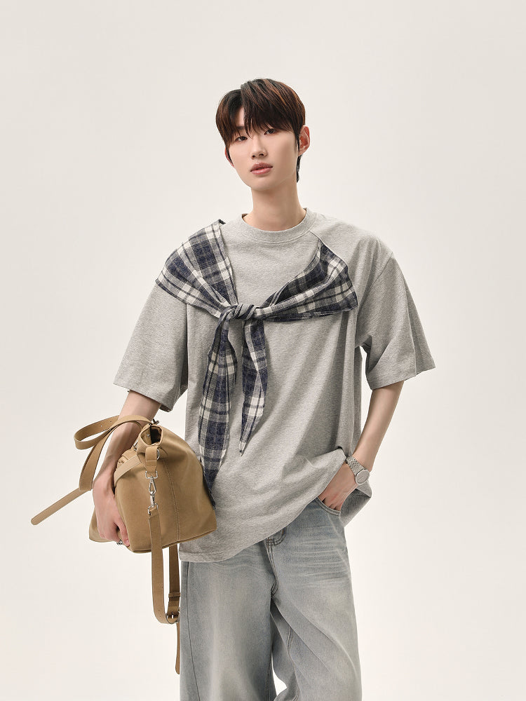 Plaid Shawl Short-Sleeve Pullover